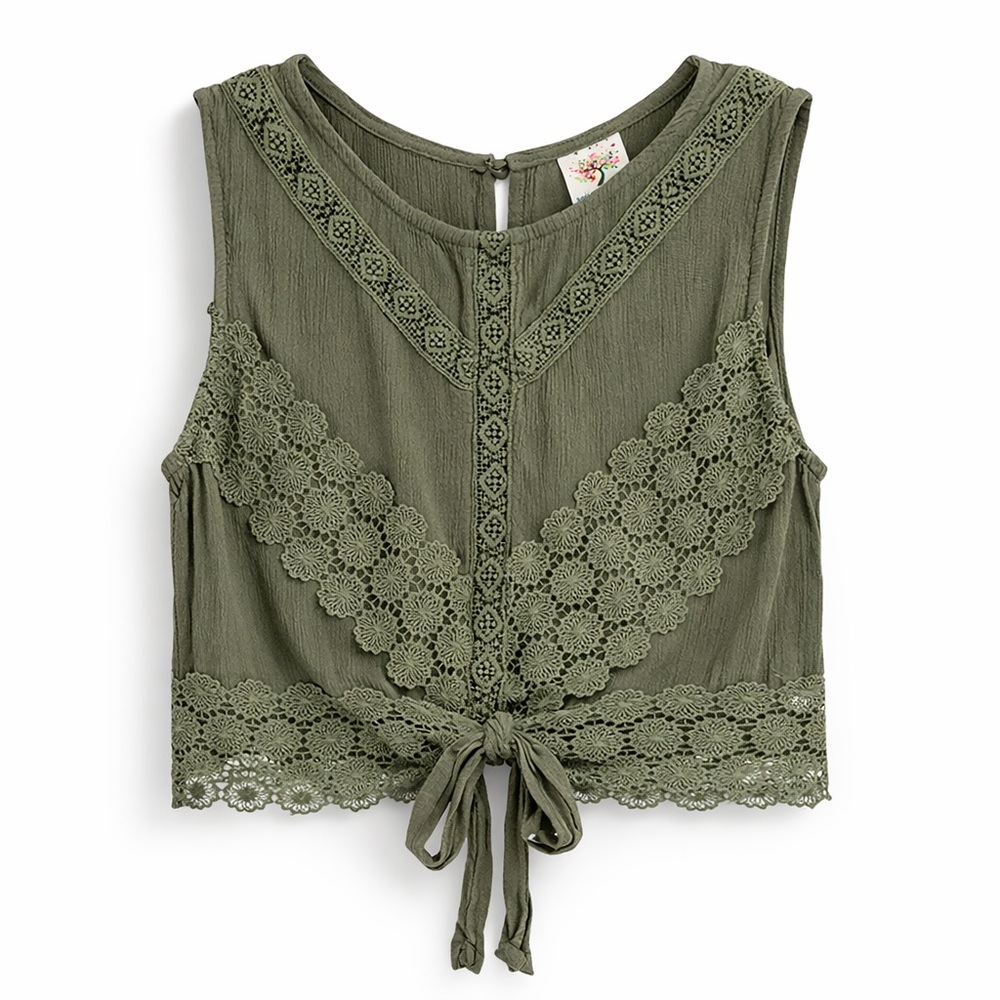 👚Self Esteem Olive Green Lace Crop Top | Boho Tie Back | Size Large
